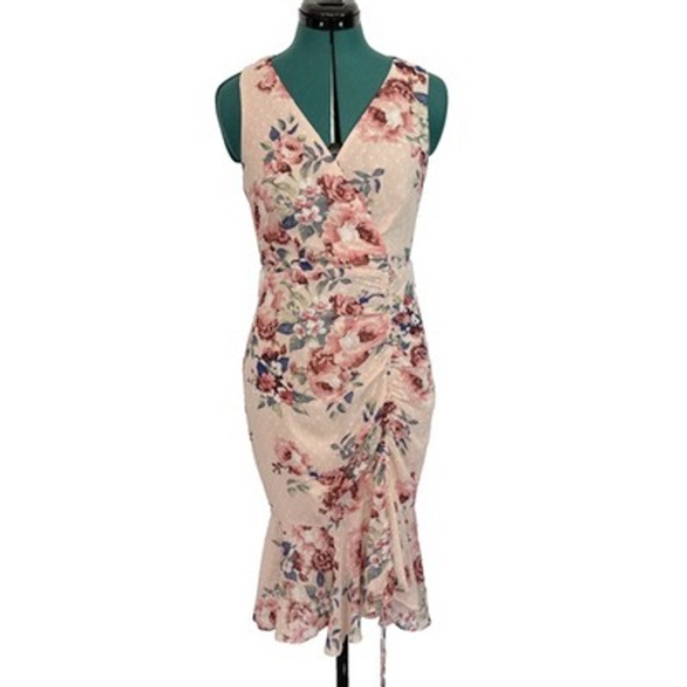 Eliza J Pink Floral Clip Dot Ruched Faux Wrap Ruffle Midi Dress‎ Womens 4